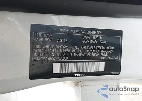 2007 Volvo S80 3.2 z USA, uszkodzony, nr VIN YV1AS982271036960